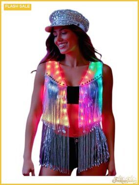 LED Light-Up Sequin Vest Fringe Cardigan Shiny Sparkly Jacket Party Clubwear
